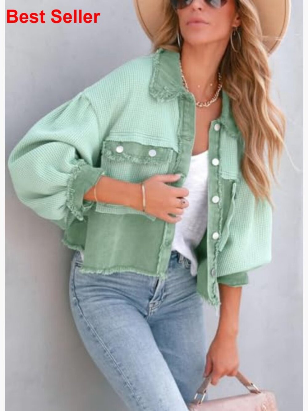 Cropped Waffle Knit Button Down Shirt Jacket Shacket - Picture 2 of 5